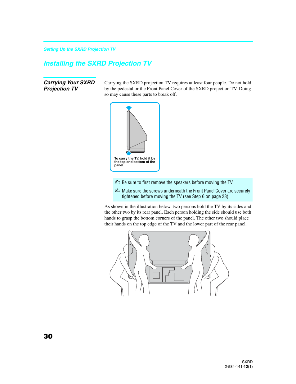 Installing the sxrd projection tv, Carrying your sxrd projection tv | Sony Qualia 006 User Manual | Page 32 / 147