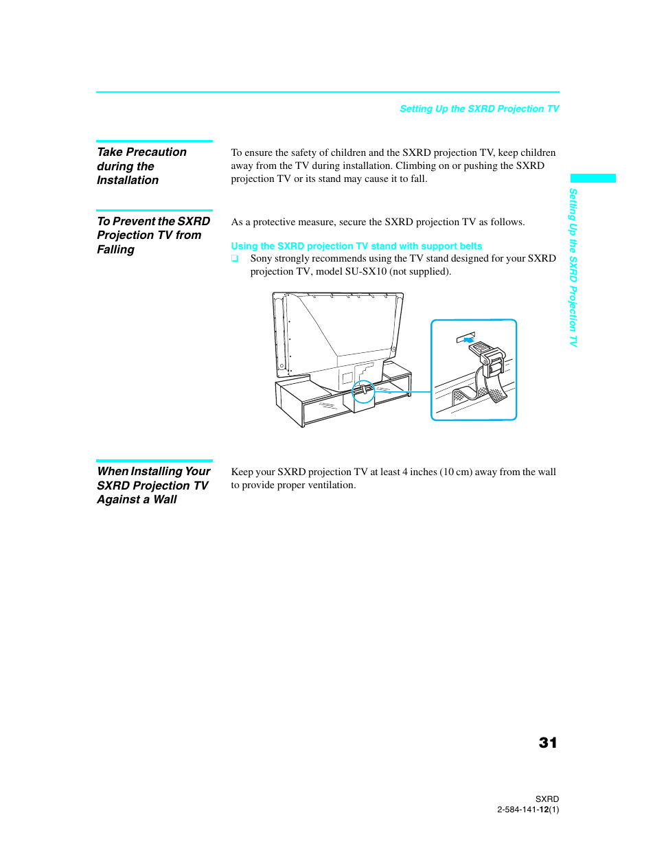 Take precaution during the installation, To prevent the sxrd projection tv from falling | Sony Qualia 006 User Manual | Page 33 / 147