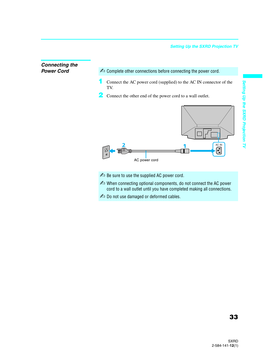 Connecting the power cord | Sony Qualia 006 User Manual | Page 35 / 147