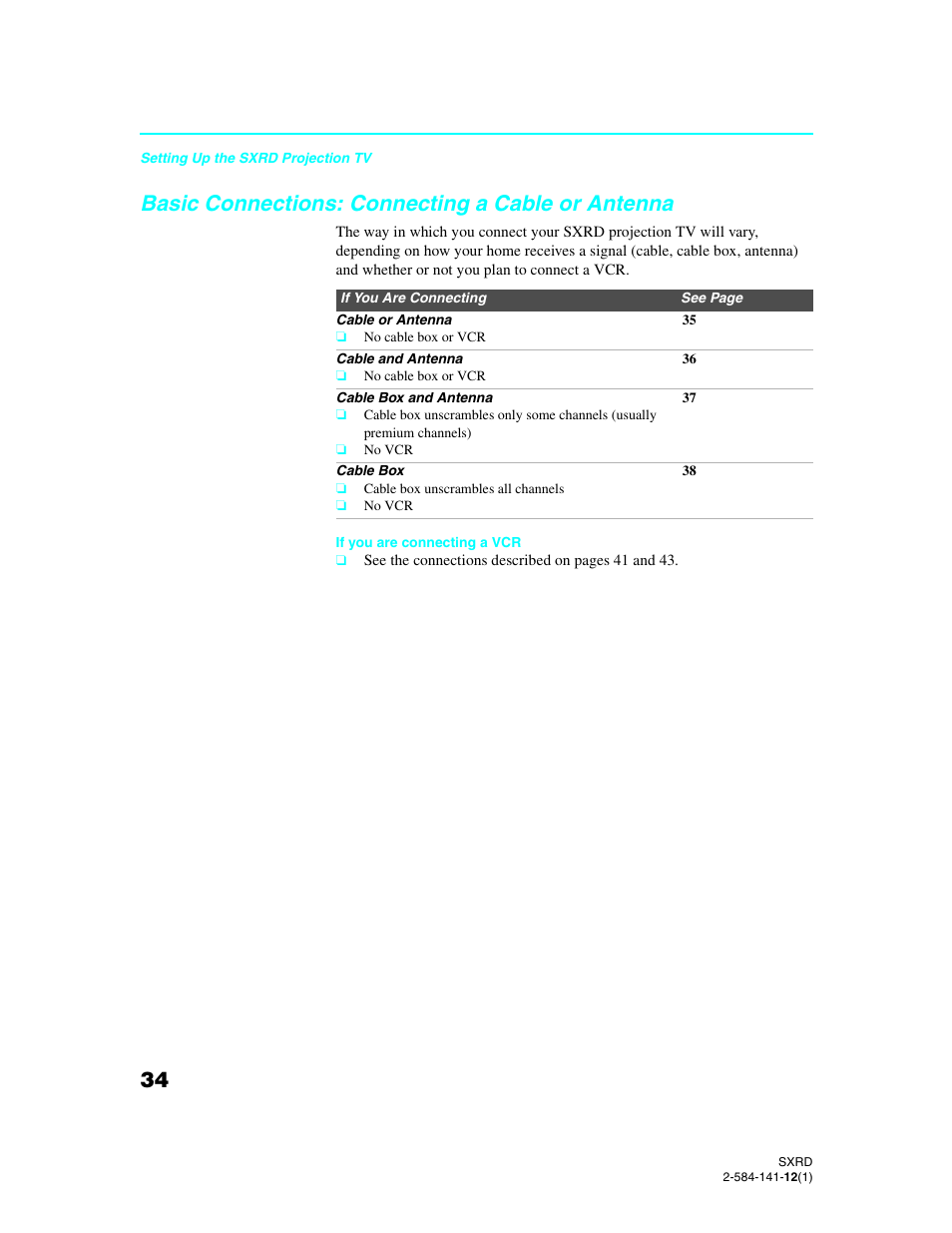 Basic connections: connecting a cable or antenna, Basic connections: connecting a cable, Or antenna | Sony Qualia 006 User Manual | Page 36 / 147