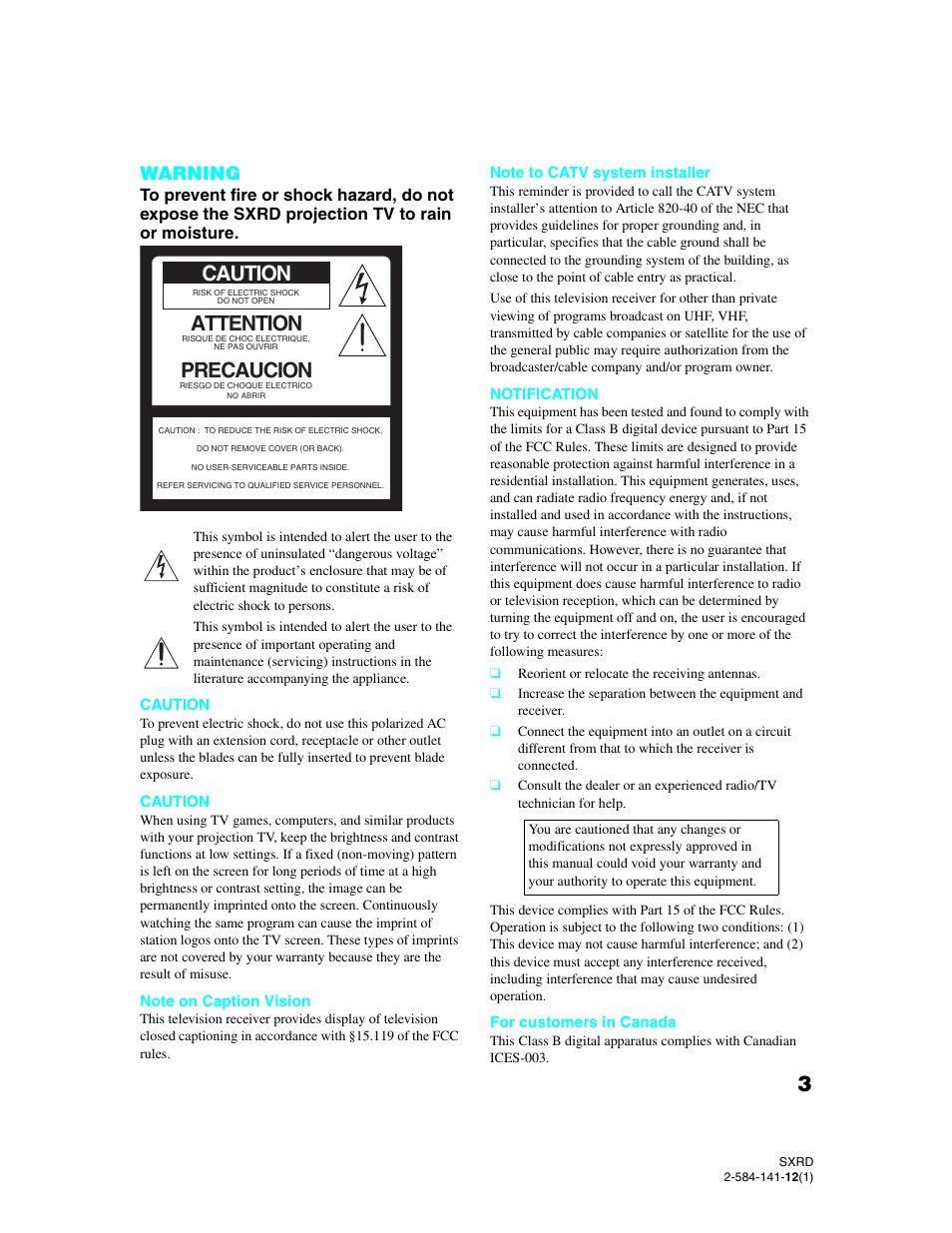 Caution, Attention, Precaucion | Warning | Sony Qualia 006 User Manual | Page 5 / 147