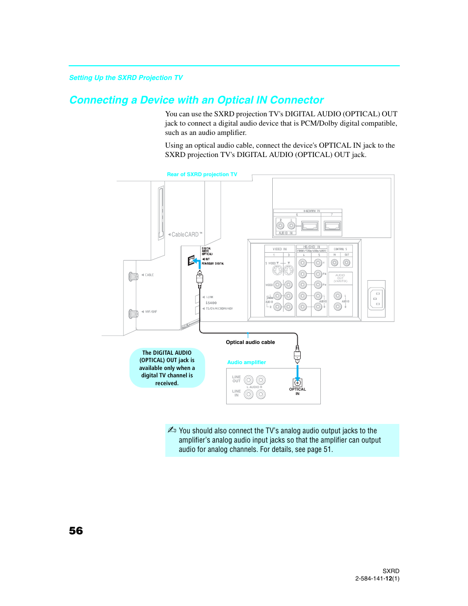 Connecting a device with an optical in connector, Connecting a device with an optical in, Connector | Sony Qualia 006 User Manual | Page 58 / 147