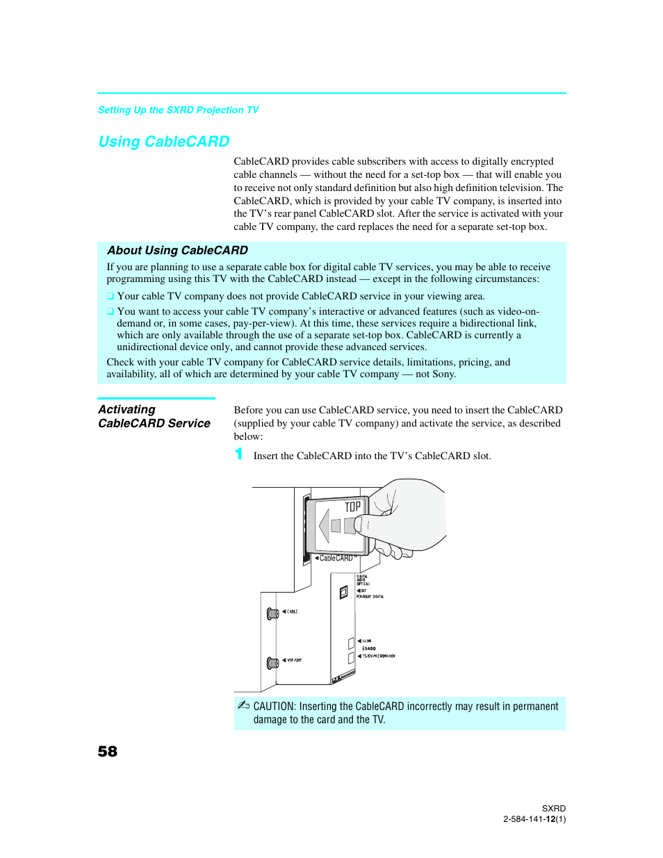 Using cablecard, About using cablecard, Activating cablecard service | See “using | Sony Qualia 006 User Manual | Page 60 / 147