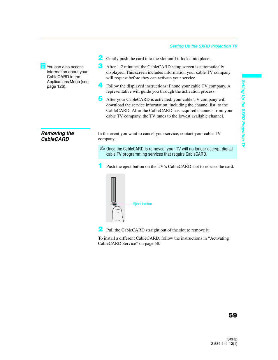 Removing the cablecard | Sony Qualia 006 User Manual | Page 61 / 147