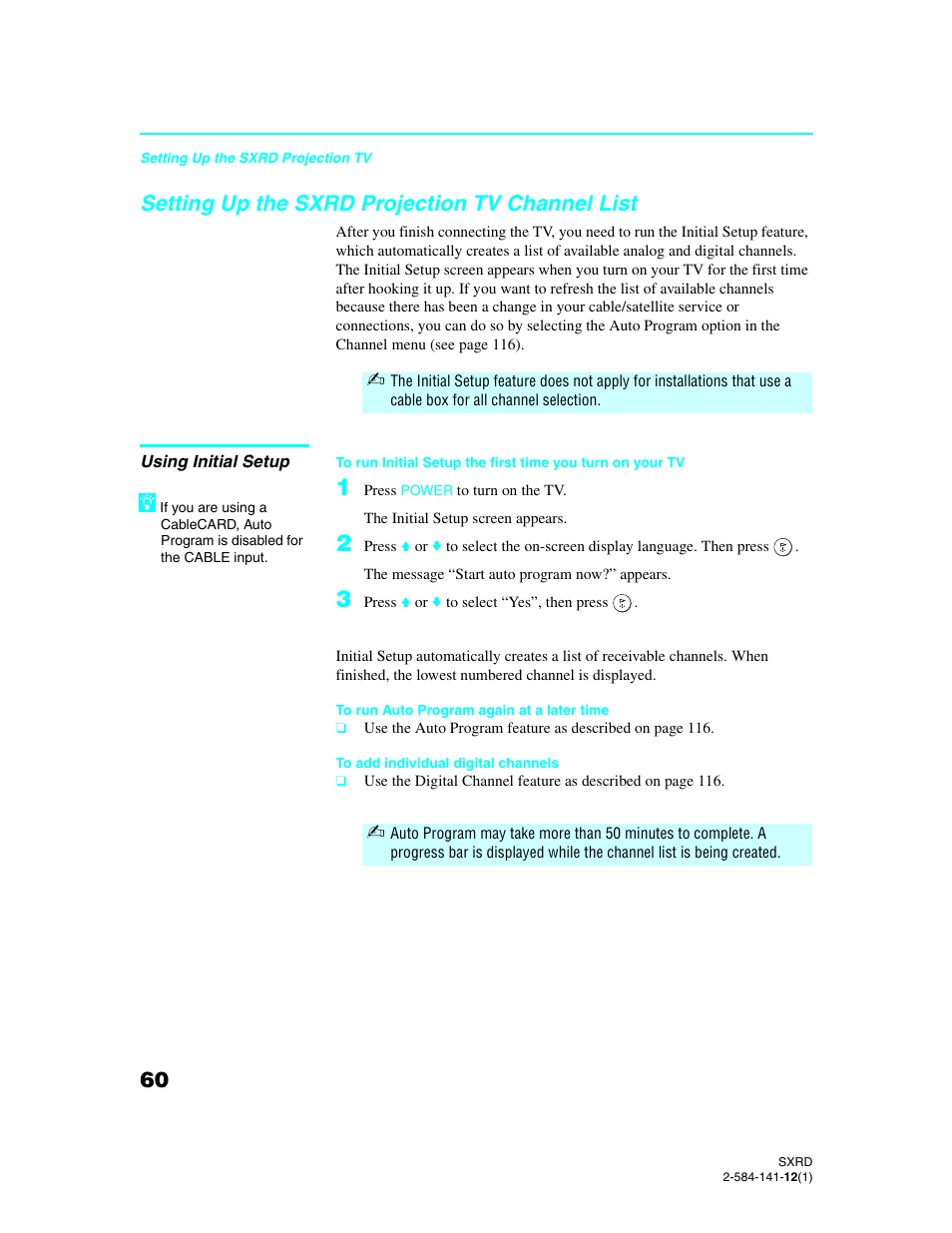 Setting up the sxrd projection tv channel list, Using initial setup, Setting up the sxrd projection tv | Channel list using initial setup | Sony Qualia 006 User Manual | Page 62 / 147