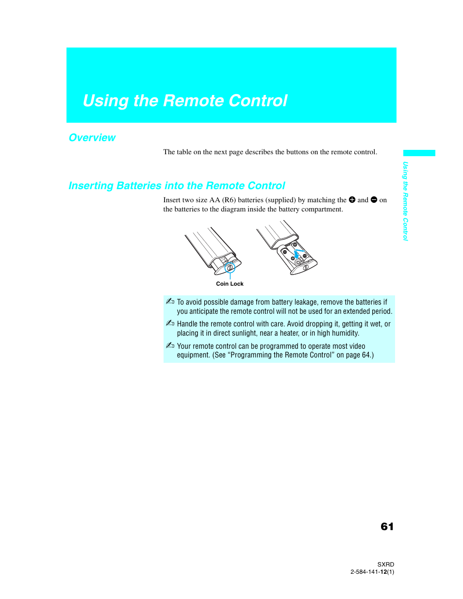 Using the remote control, Overview, Inserting batteries into the remote control | Sony Qualia 006 User Manual | Page 63 / 147