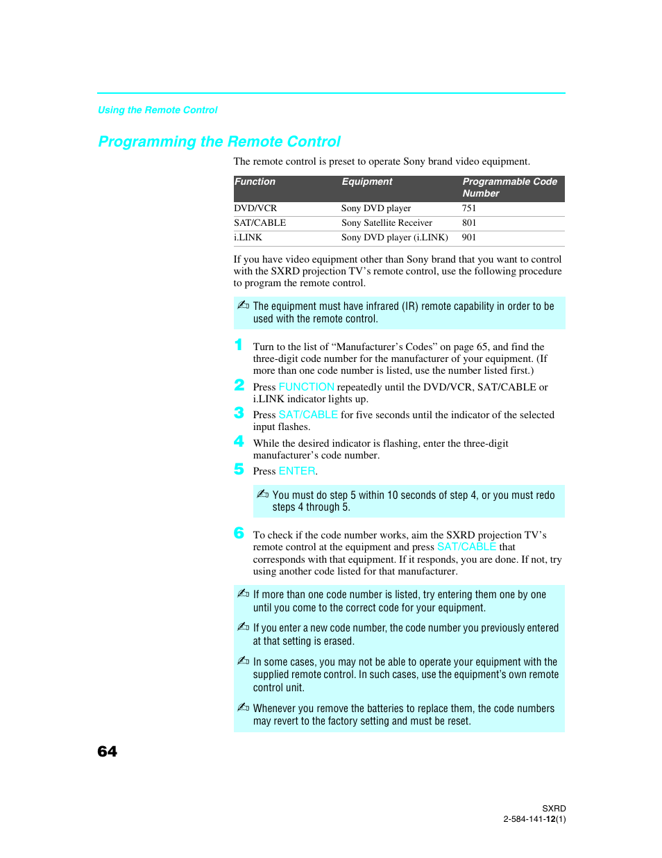 Programming the remote control | Sony Qualia 006 User Manual | Page 66 / 147