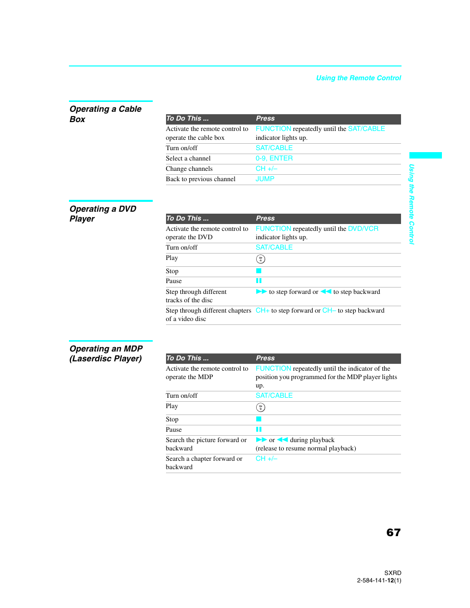 Operating a cable box, Operating a dvd player, Operating an mdp (laserdisc player) | Sony Qualia 006 User Manual | Page 69 / 147