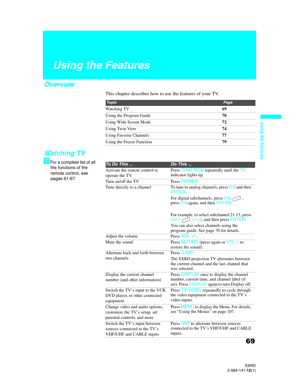 Using the features, Overview, Watching tv | Overview watching tv | Sony Qualia 006 User Manual | Page 71 / 147