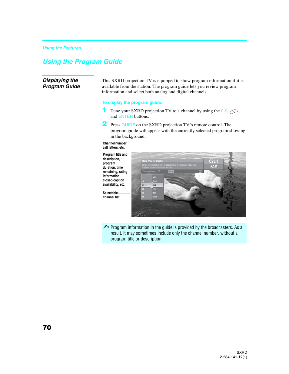 Using the program guide, Displaying the program guide | Sony Qualia 006 User Manual | Page 72 / 147