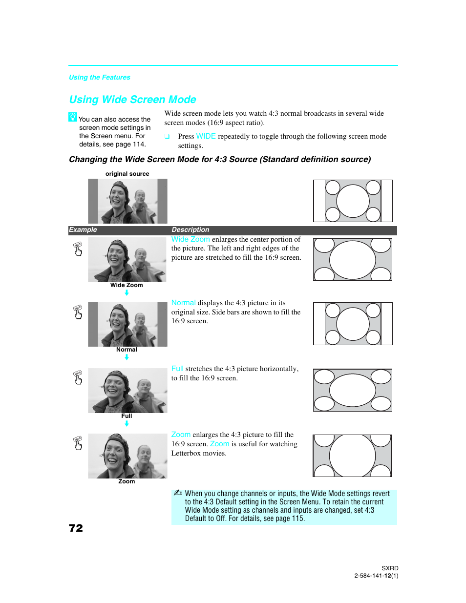 Using wide screen mode, Using wide screen | Sony Qualia 006 User Manual | Page 74 / 147