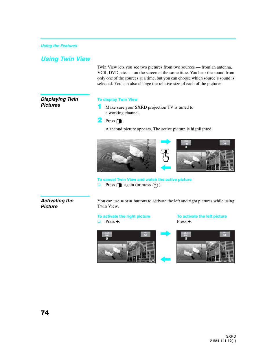 Using twin view, Displaying twin pictures, Activating the picture | Sony Qualia 006 User Manual | Page 76 / 147