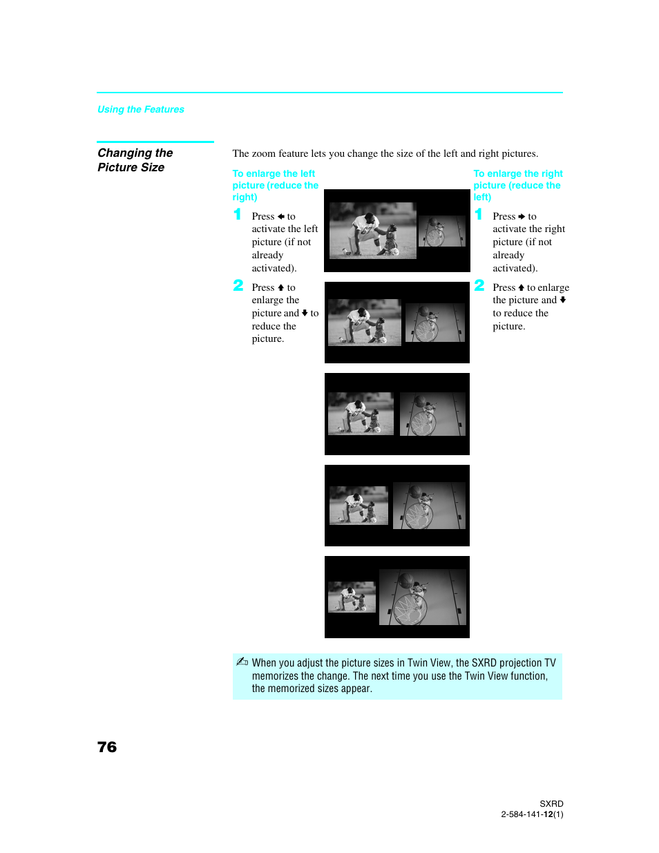 Changing the picture size, Changing the | Sony Qualia 006 User Manual | Page 78 / 147