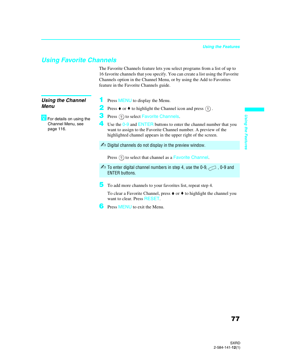 Using favorite channels, Using the channel menu | Sony Qualia 006 User Manual | Page 79 / 147