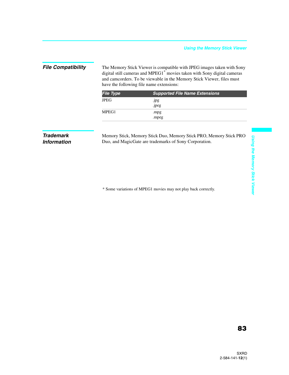 File compatibility, Trademark information | Sony Qualia 006 User Manual | Page 85 / 147