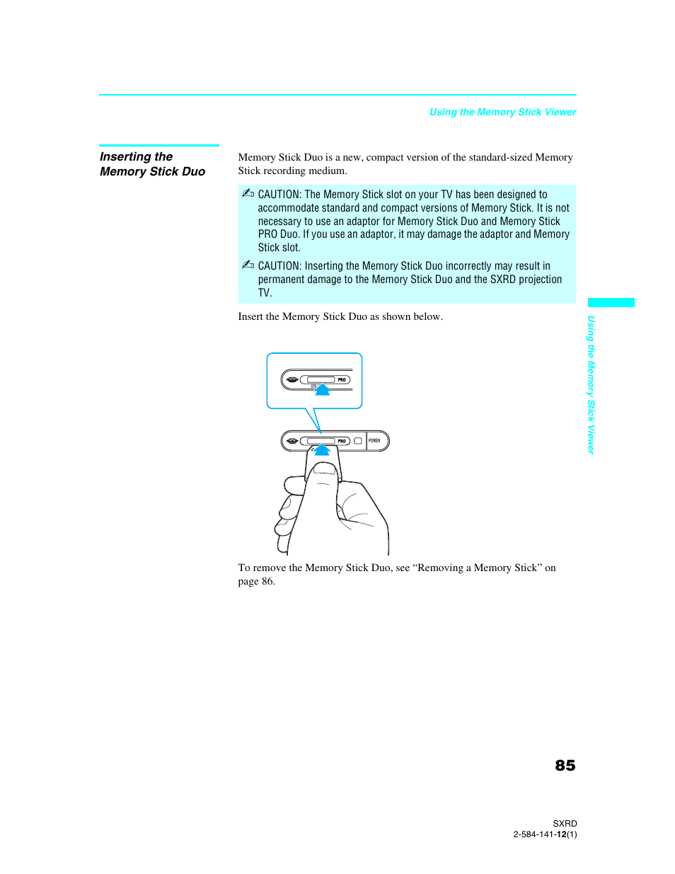 Inserting the memory stick duo | Sony Qualia 006 User Manual | Page 87 / 147