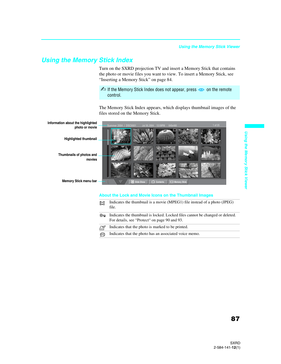 Using the memory stick index | Sony Qualia 006 User Manual | Page 89 / 147