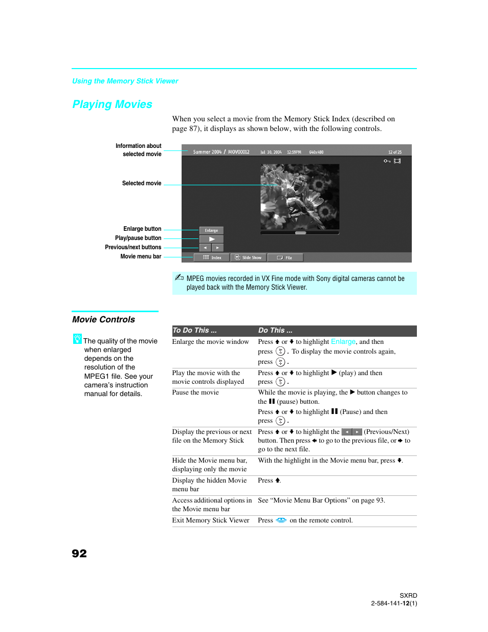 Playing movies, Movie controls | Sony Qualia 006 User Manual | Page 94 / 147