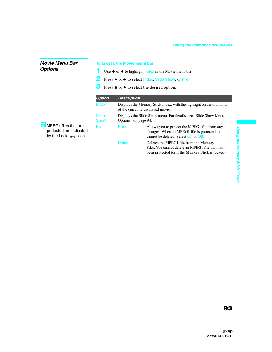 Movie menu bar options | Sony Qualia 006 User Manual | Page 95 / 147