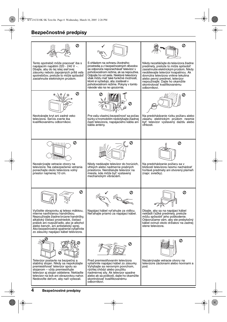 Bezpečnostné predpisy | Sony KV-21CE10K User Manual | Page 100 / 116