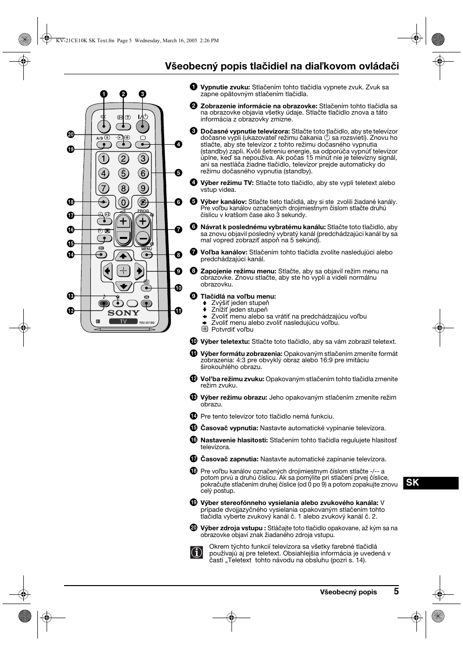 Všeobecný popis tlačidiel na dia kovom ovládači | Sony KV-21CE10K User Manual | Page 101 / 116