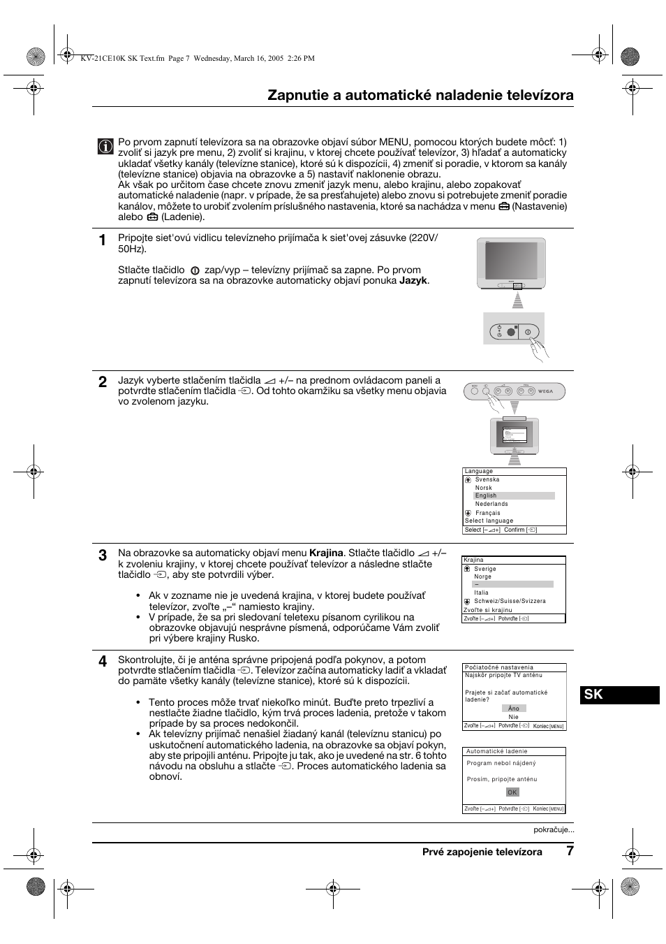 Zapnutie a automatické naladenie televízora, Prvé zapojenie televízora, Menu | Sony KV-21CE10K User Manual | Page 103 / 116