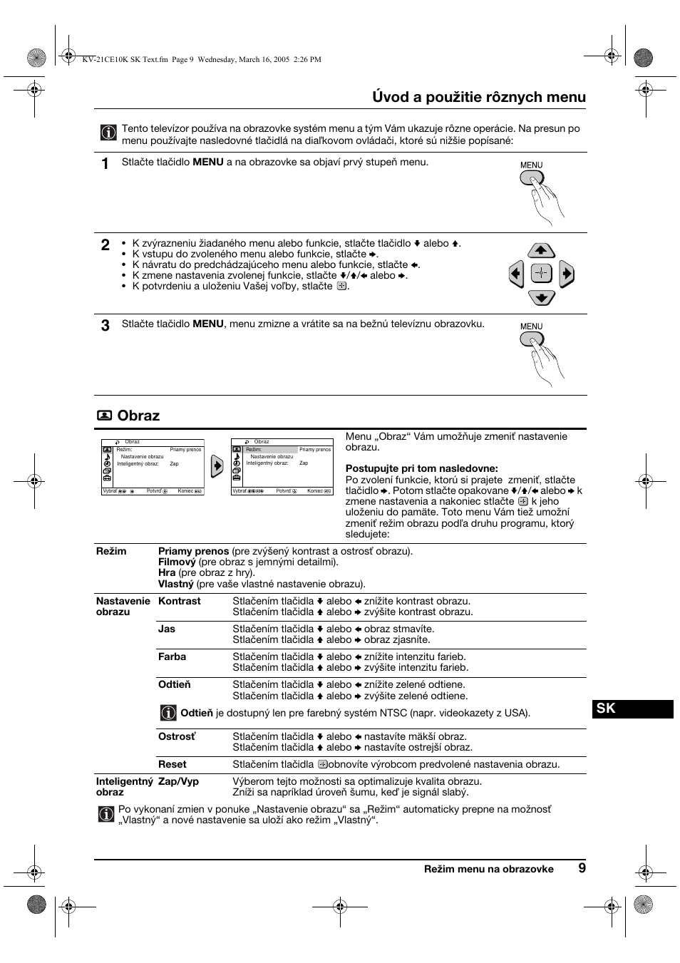 Úvod a použitie rôznych menu, Obraz | Sony KV-21CE10K User Manual | Page 105 / 116