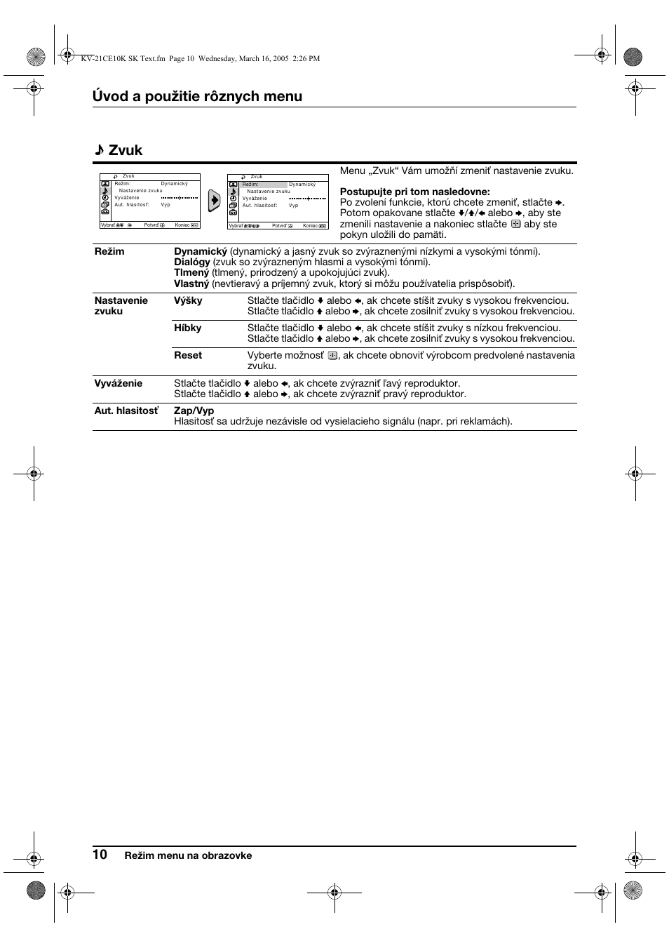 Úvod a použitie rôznych menu, Zvuk | Sony KV-21CE10K User Manual | Page 106 / 116