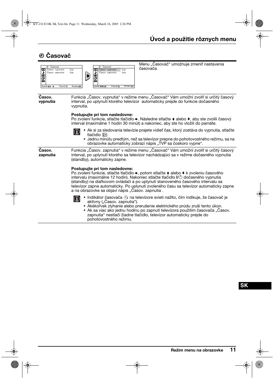 Úvod a použitie rôznych menu, Časovač | Sony KV-21CE10K User Manual | Page 107 / 116