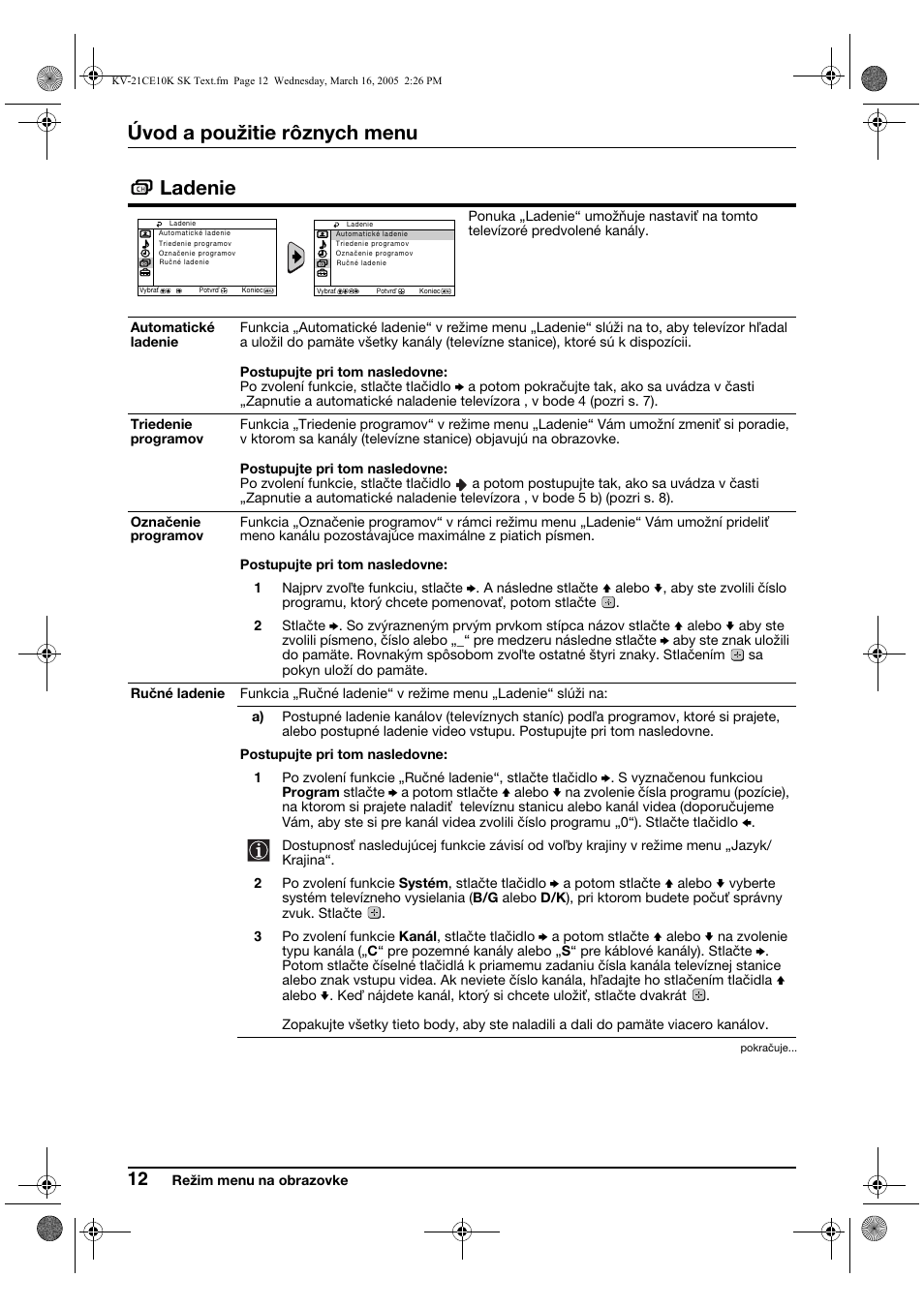 Úvod a použitie rôznych menu, Ladenie | Sony KV-21CE10K User Manual | Page 108 / 116