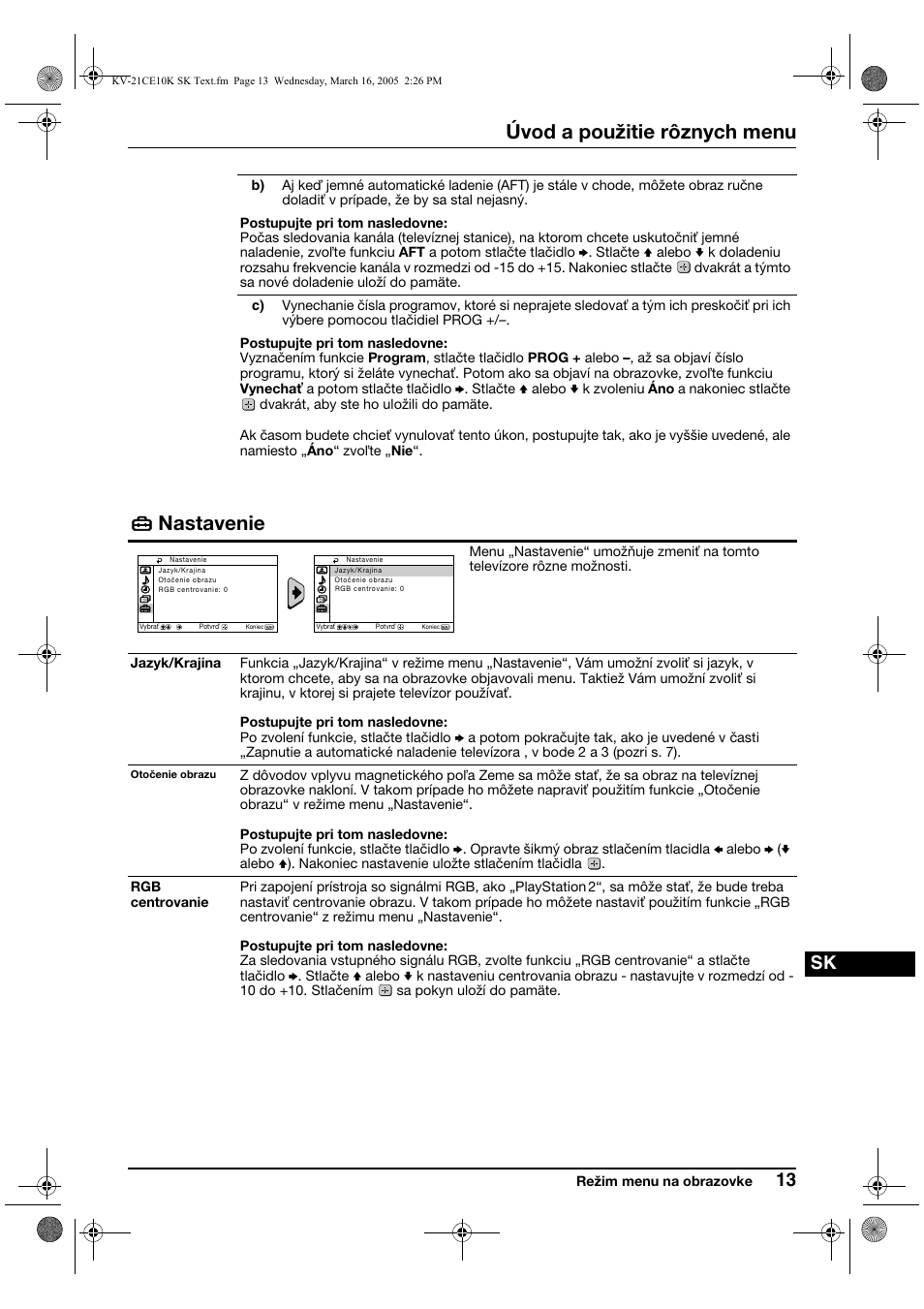 Úvod a použitie rôznych menu, Nastavenie | Sony KV-21CE10K User Manual | Page 109 / 116