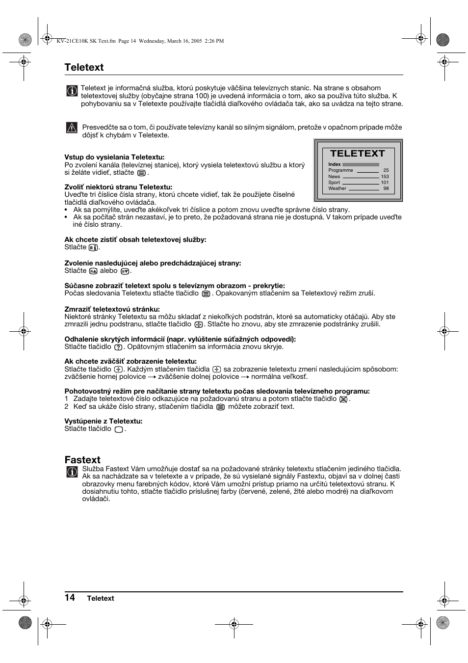 Teletext, Fastext | Sony KV-21CE10K User Manual | Page 110 / 116