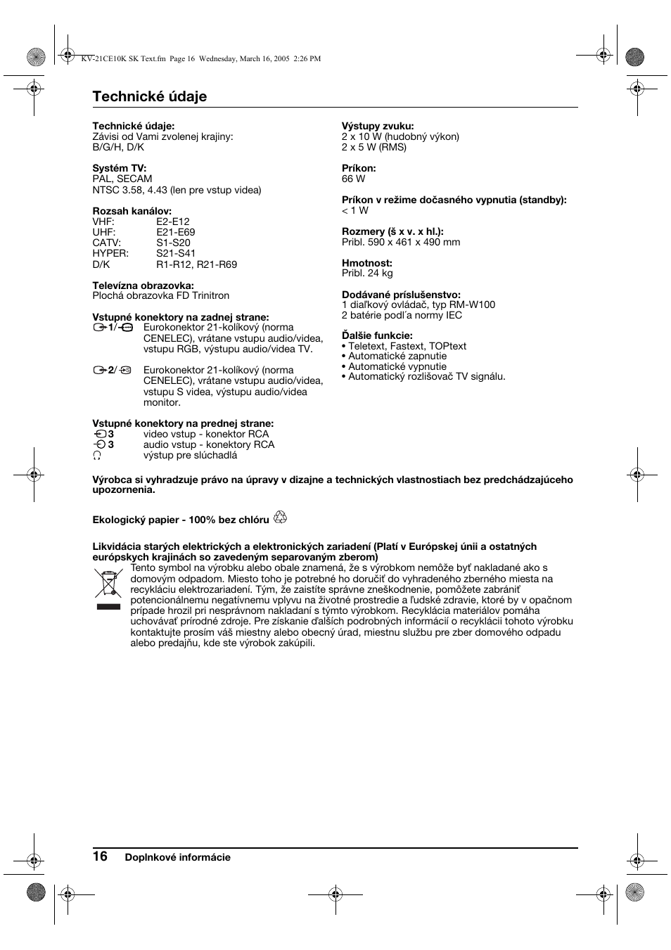 Technické údaje | Sony KV-21CE10K User Manual | Page 112 / 116