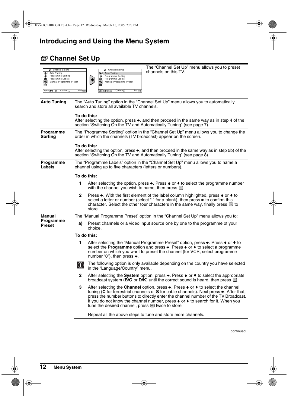 Sony KV-21CE10K User Manual | Page 12 / 116