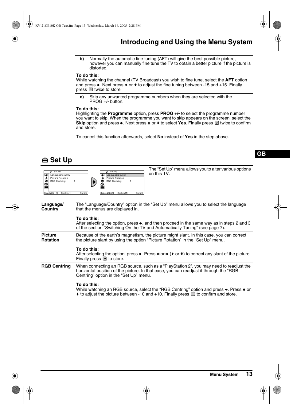 Introducing and using the menu system, Set up | Sony KV-21CE10K User Manual | Page 13 / 116