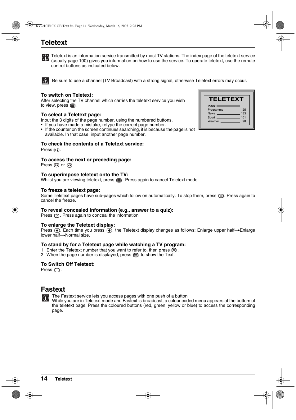 Teletext, Fastext | Sony KV-21CE10K User Manual | Page 14 / 116