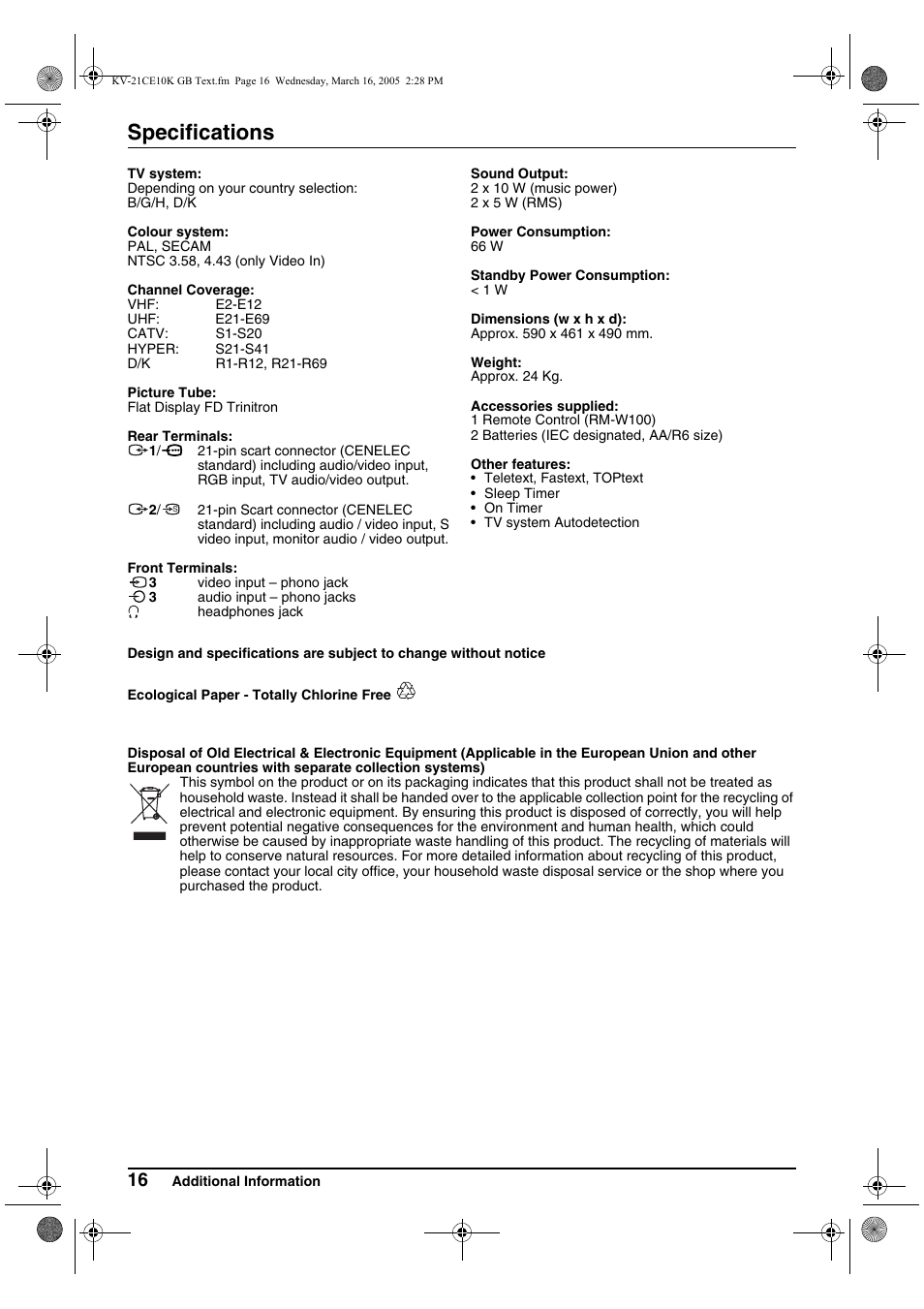 Specifications | Sony KV-21CE10K User Manual | Page 16 / 116