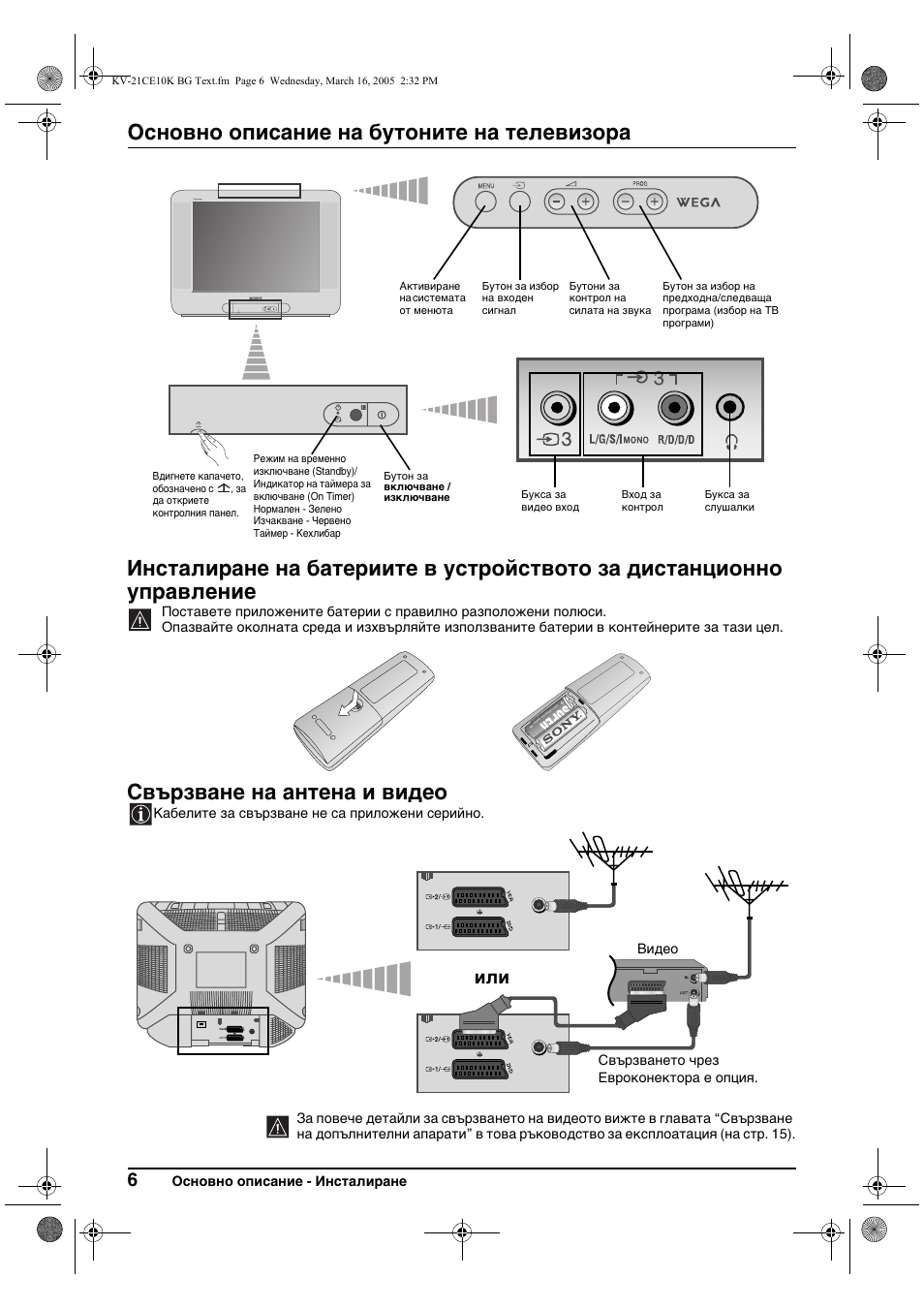 Основно описание на бутоните на телевизора, Свързване на антена и видео, Основно описание - инсталиране | Кабелите за свързване не са приложени серийно | Sony KV-21CE10K User Manual | Page 22 / 116