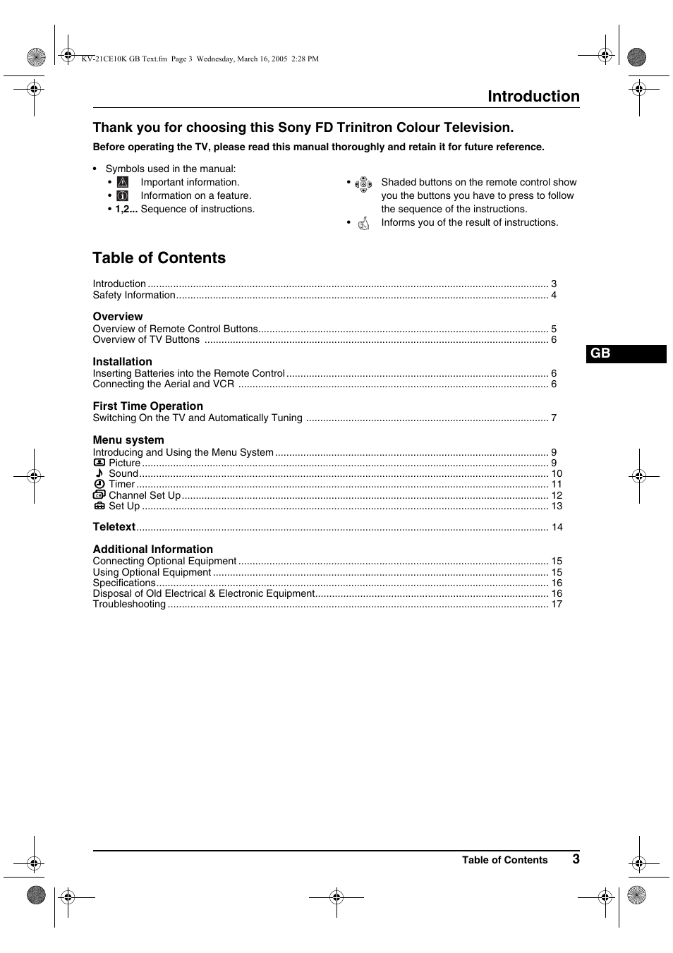 Sony KV-21CE10K User Manual | Page 3 / 116