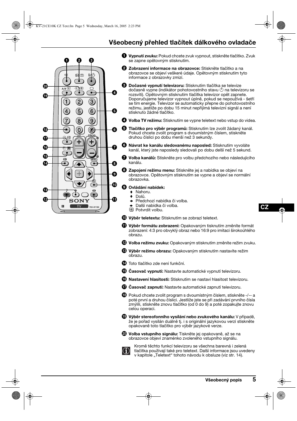 Všeobecný přehled tlačítek dálkového ovladače | Sony KV-21CE10K User Manual | Page 37 / 116