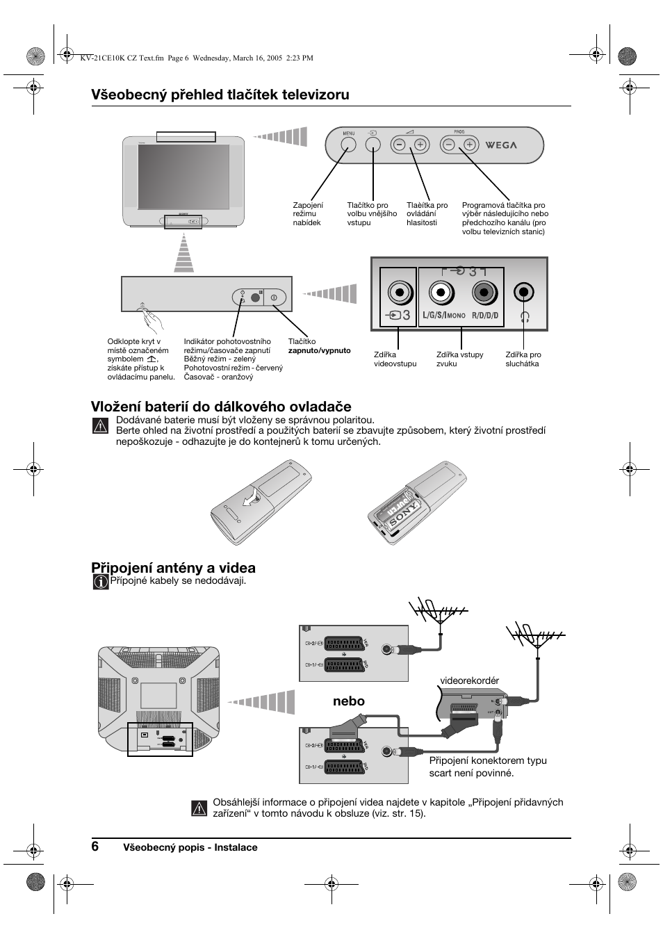 Všeobecný přehled tlačítek televizoru, Vložení baterií do dálkového ovladače, Připojení antény a videa | Nebo, Všeobecný popis - instalace, Přípojné kabely se nedodávaji | Sony KV-21CE10K User Manual | Page 38 / 116