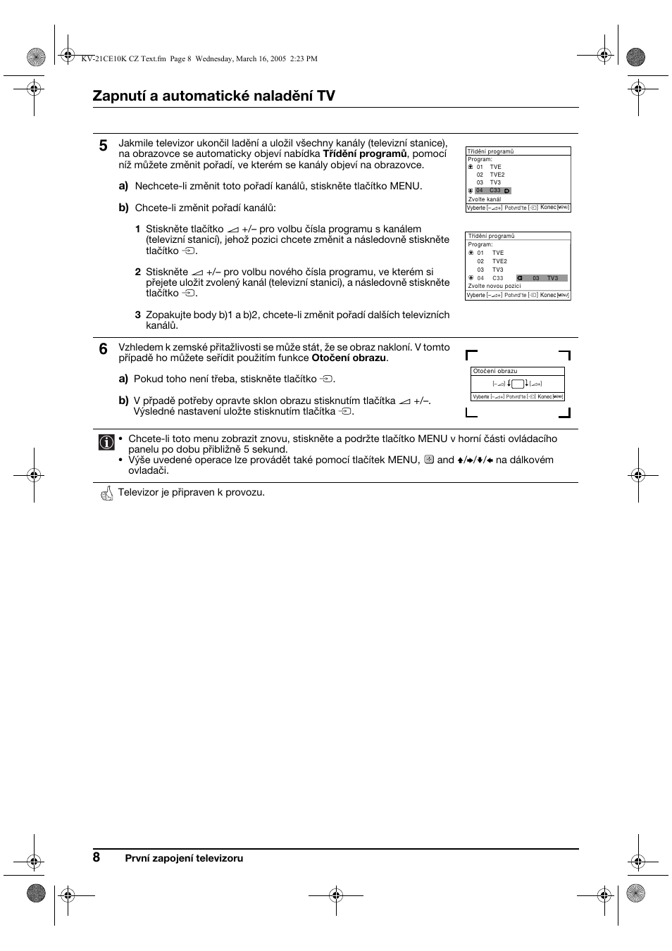 Zapnutí a automatické naladění tv | Sony KV-21CE10K User Manual | Page 40 / 116