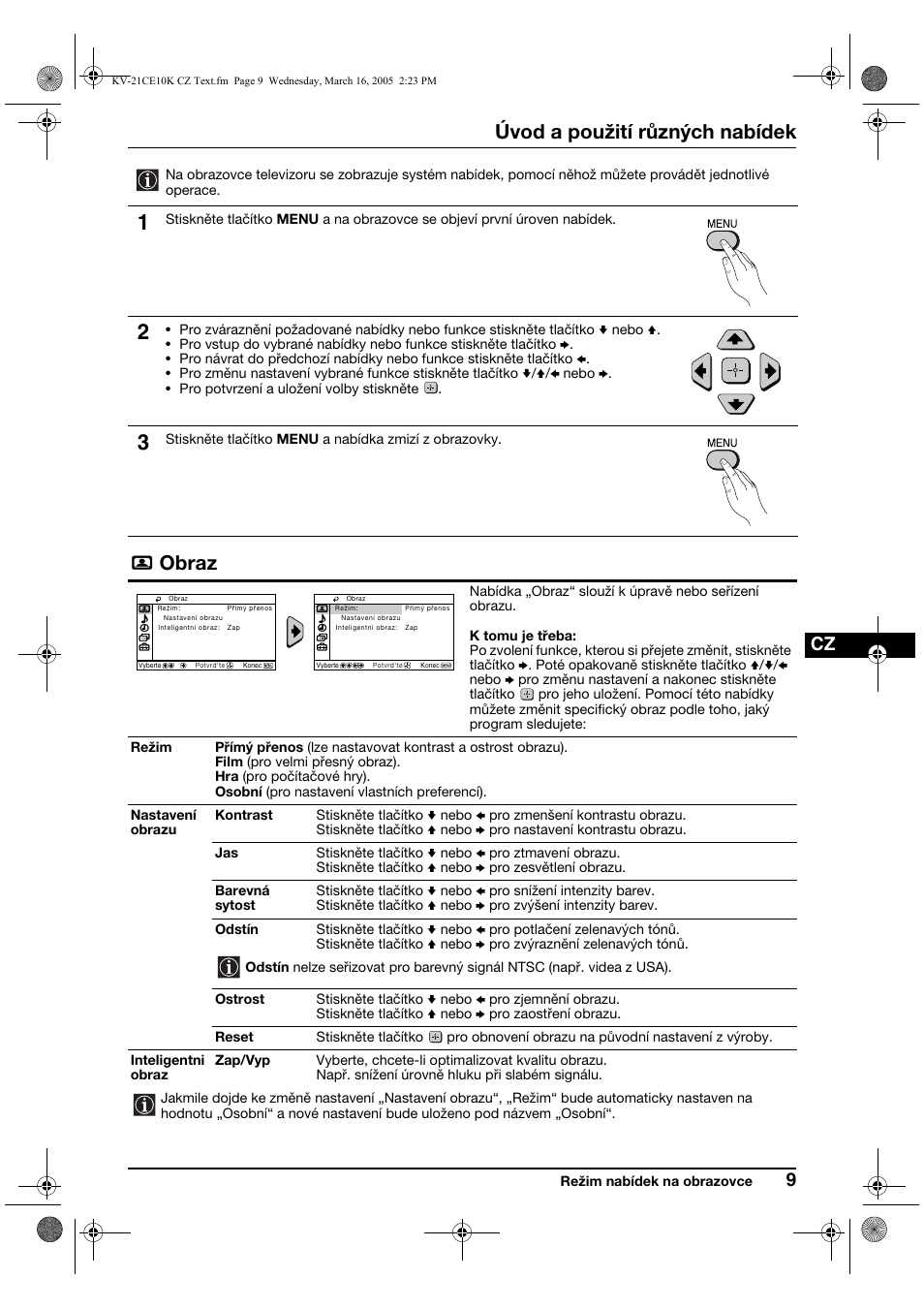 Úvod a použití různých nabídek, Obraz | Sony KV-21CE10K User Manual | Page 41 / 116