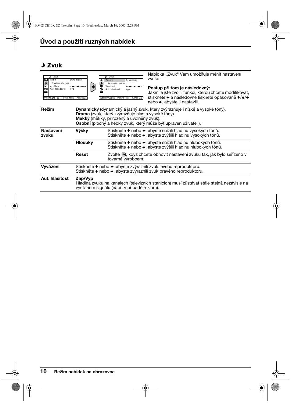 Úvod a použití různých nabídek, Zvuk | Sony KV-21CE10K User Manual | Page 42 / 116