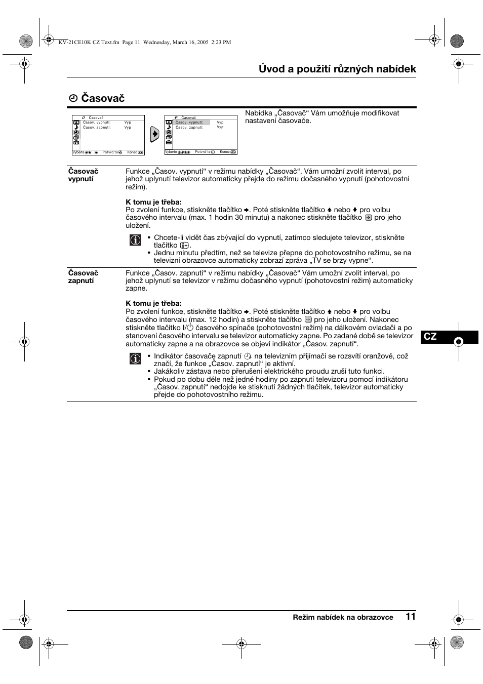 Úvod a použití různých nabídek, Časovač | Sony KV-21CE10K User Manual | Page 43 / 116