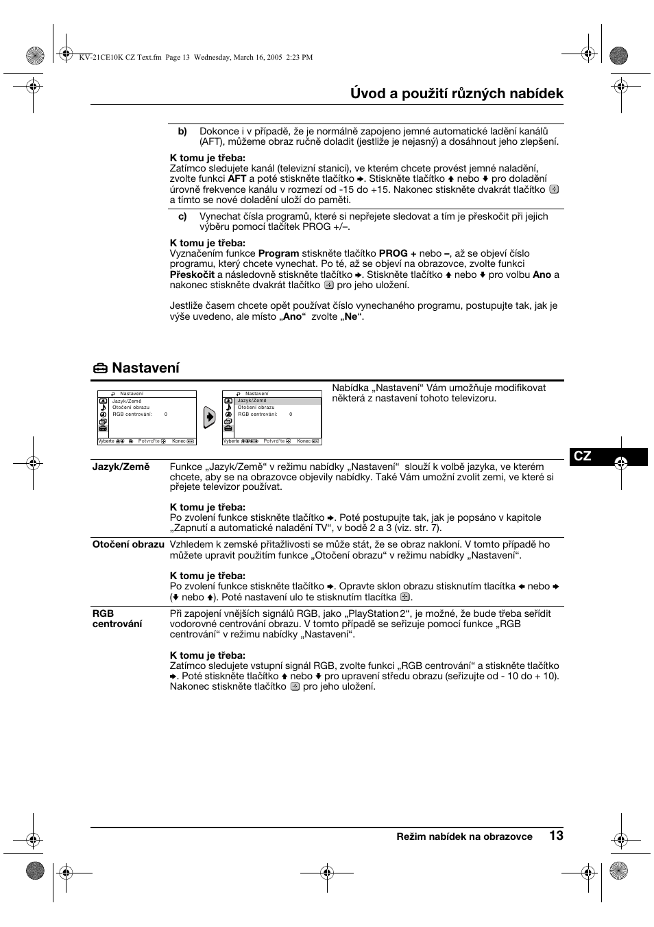 Úvod a použití různých nabídek, Nastavení | Sony KV-21CE10K User Manual | Page 45 / 116