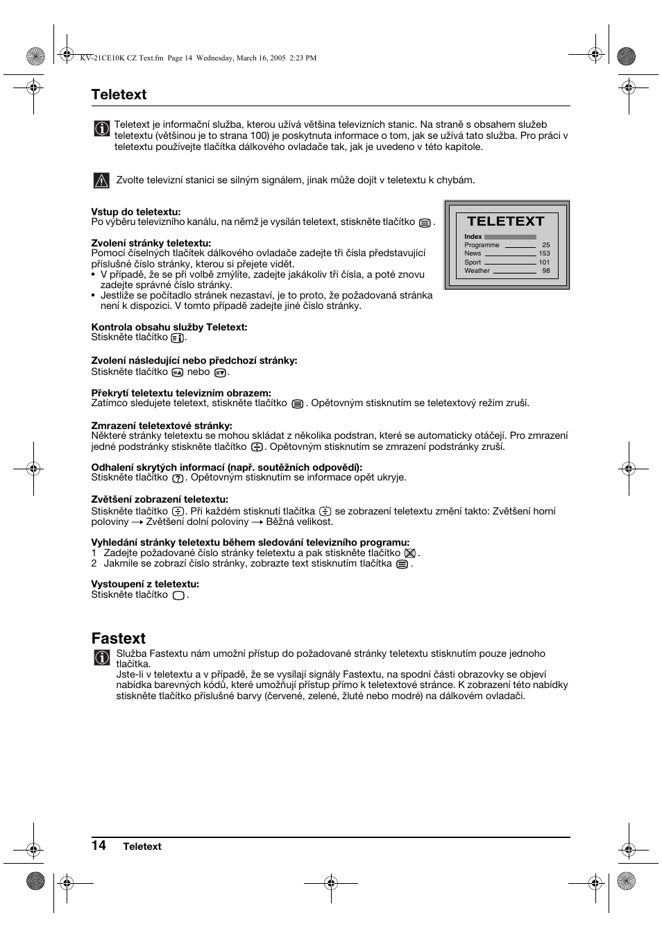 Fastext, Teletext | Sony KV-21CE10K User Manual | Page 46 / 116