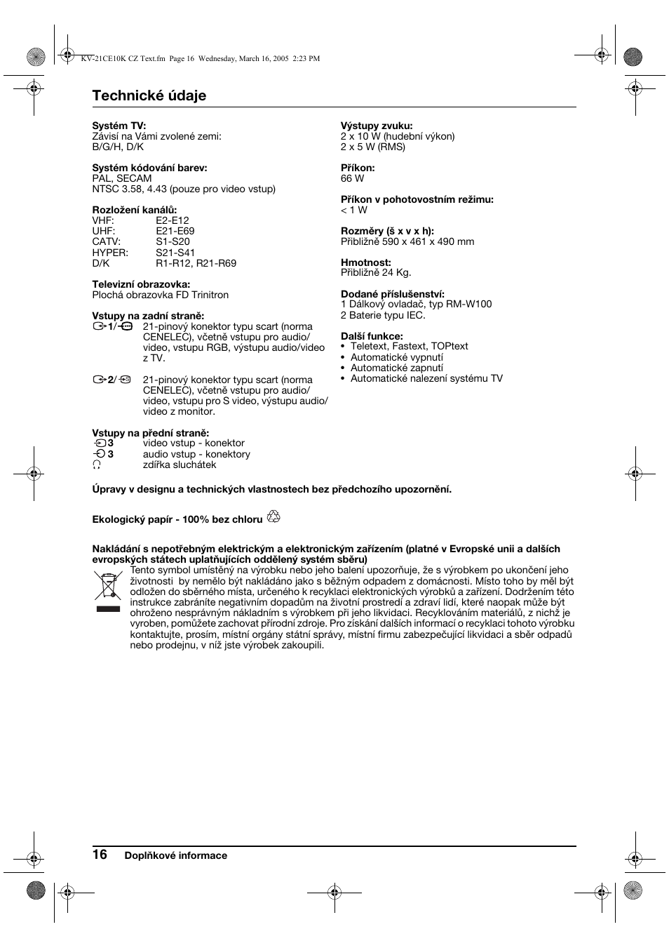 Technické údaje | Sony KV-21CE10K User Manual | Page 48 / 116