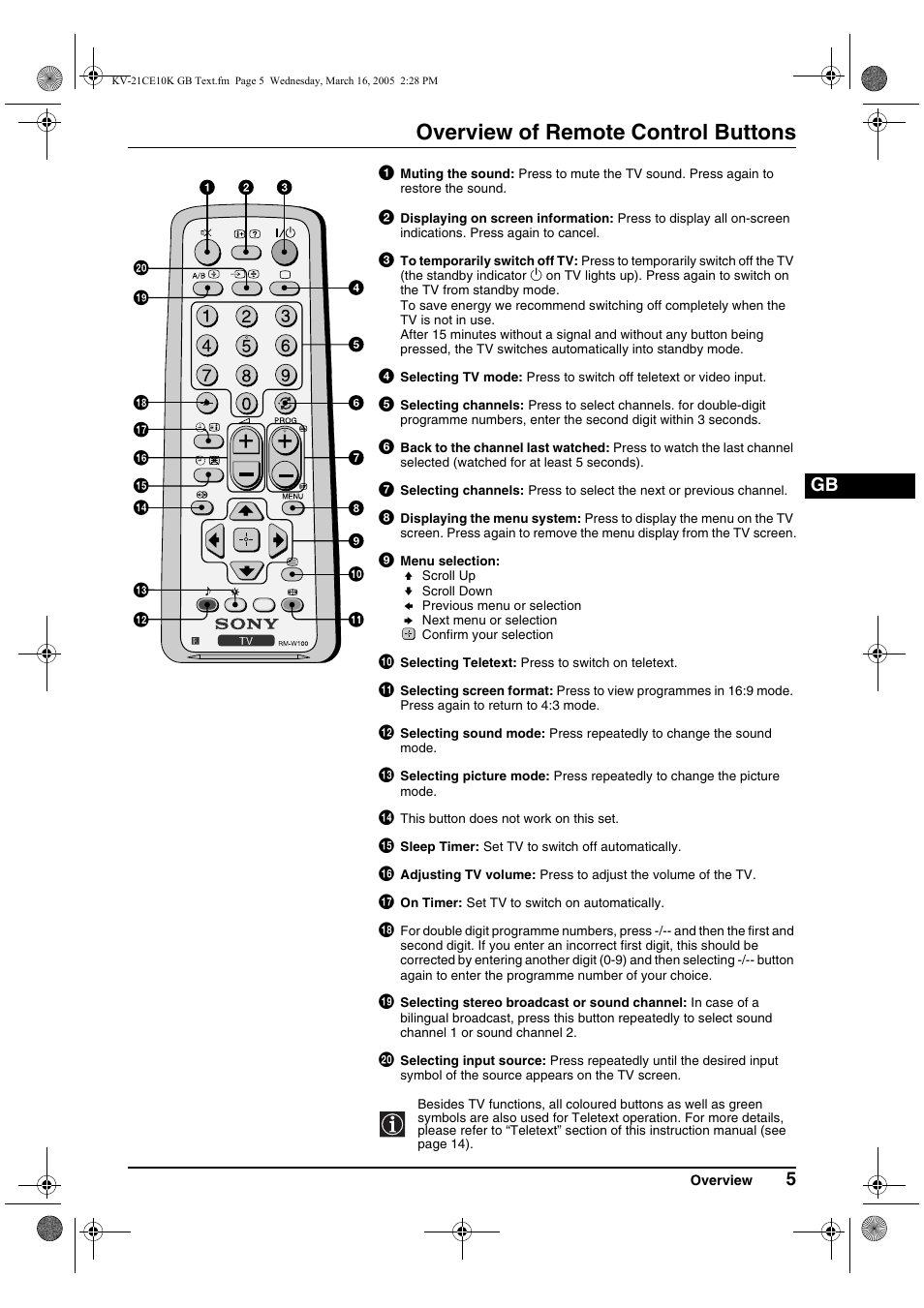 Overview of remote control buttons | Sony KV-21CE10K User Manual | Page 5 / 116