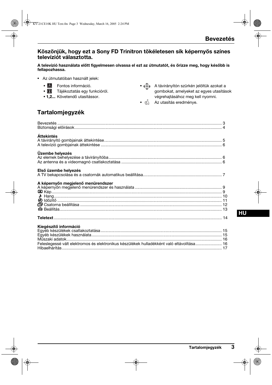 Bevezetés, Tartalomjegyzék | Sony KV-21CE10K User Manual | Page 51 / 116